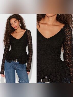 Free People Women Black Lace V-Neck Peplum Top. Sz: S NWT